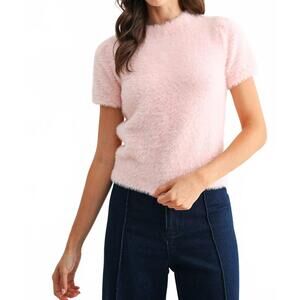 NEW CAMELLIA fuzzy knit short sleeve sweater top in soft pink
